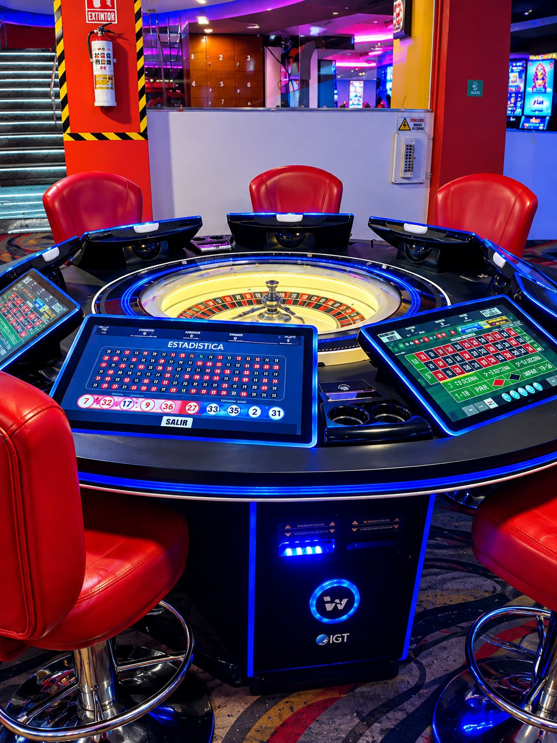 Mesa de ruleta electrónica con pantallas táctiles y sillas rojas en una de nuestras salas