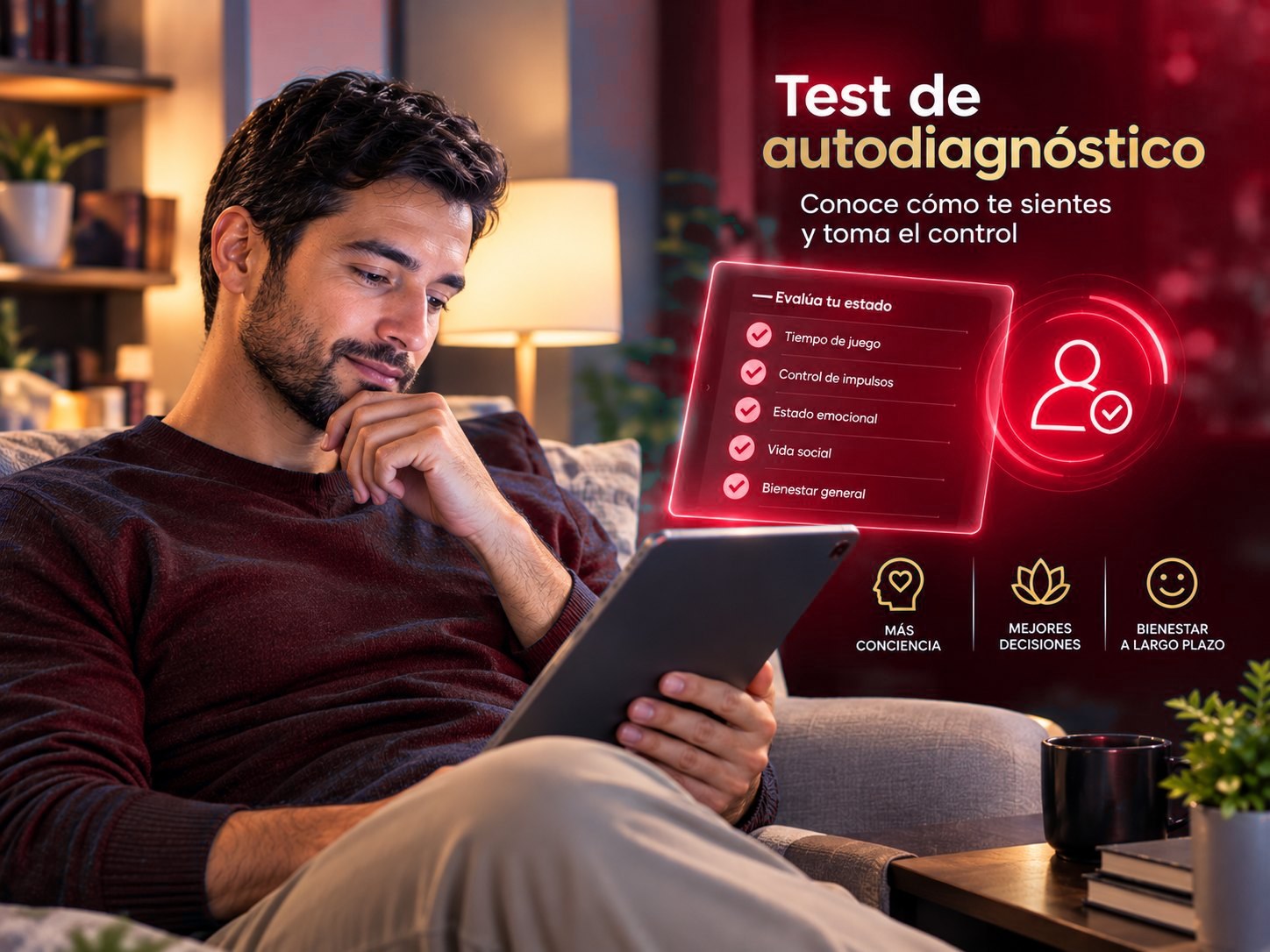 Hombre pensativo revisando un test en su tableta, con el mensaje Test de autodiagnóstico: conoce cómo te sientes y toma el control