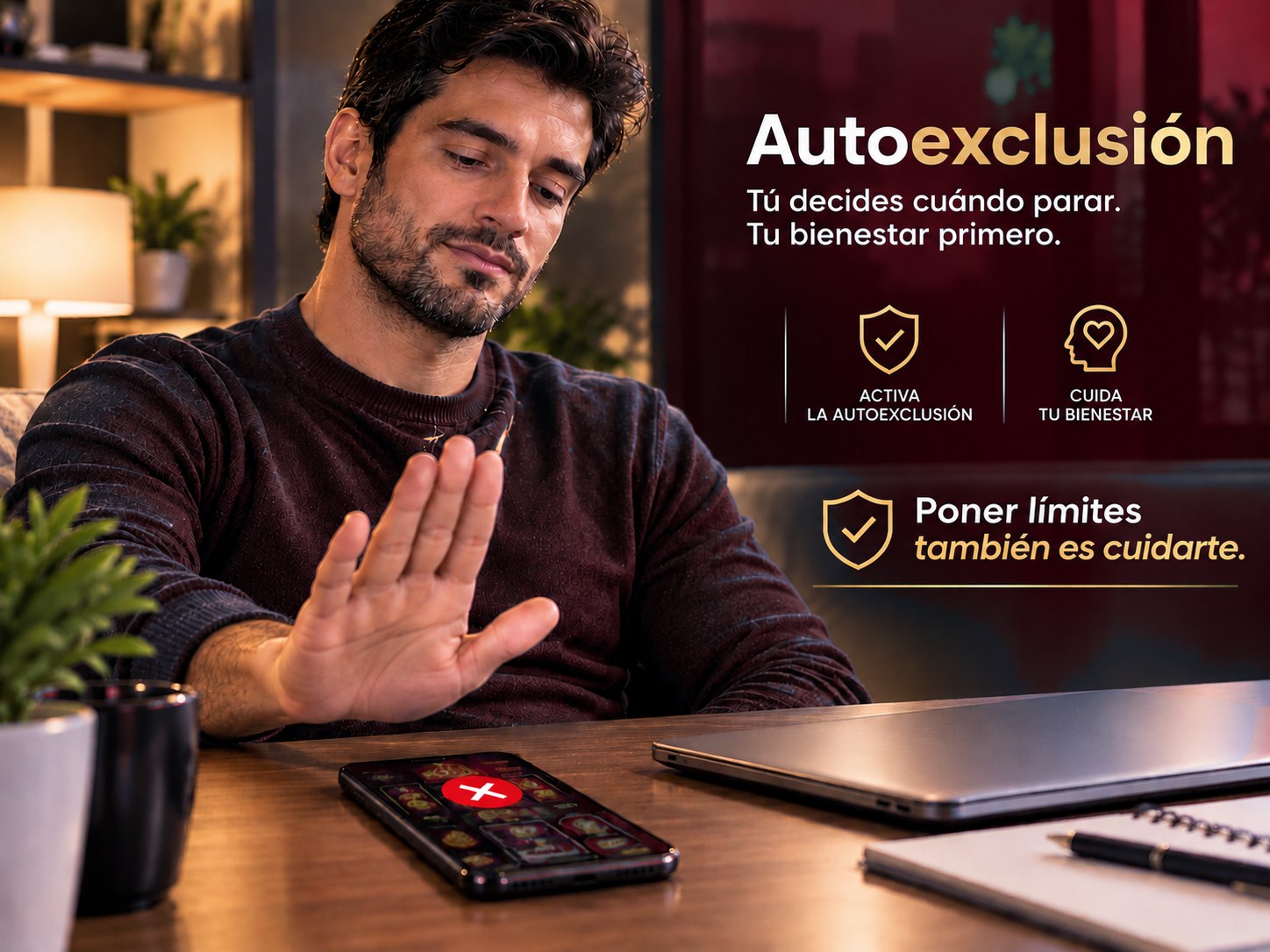 Hombre levantando la mano para decir basta frente a su celular, con el mensaje Autoexclusión: tú decides cuándo parar, tu bienestar primero. Poner límites también es jugar