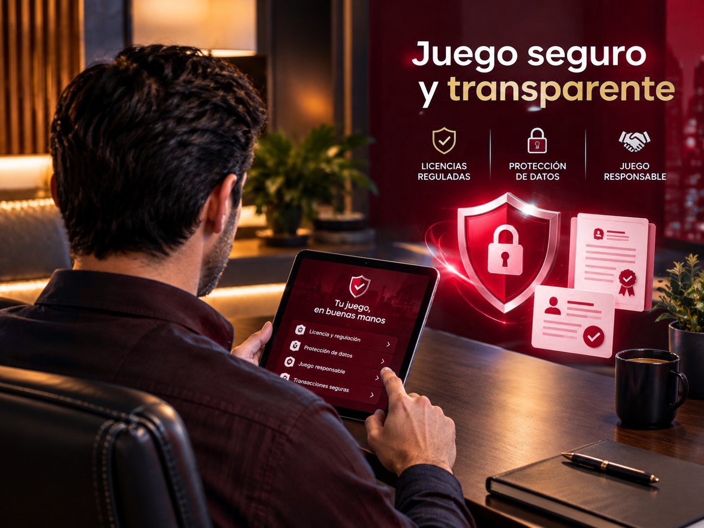 Hombre usando su tableta en casa junto a un escudo de seguridad, con el mensaje Juego seguro y transparente: licencias reguladas, protección de datos y juego responsable