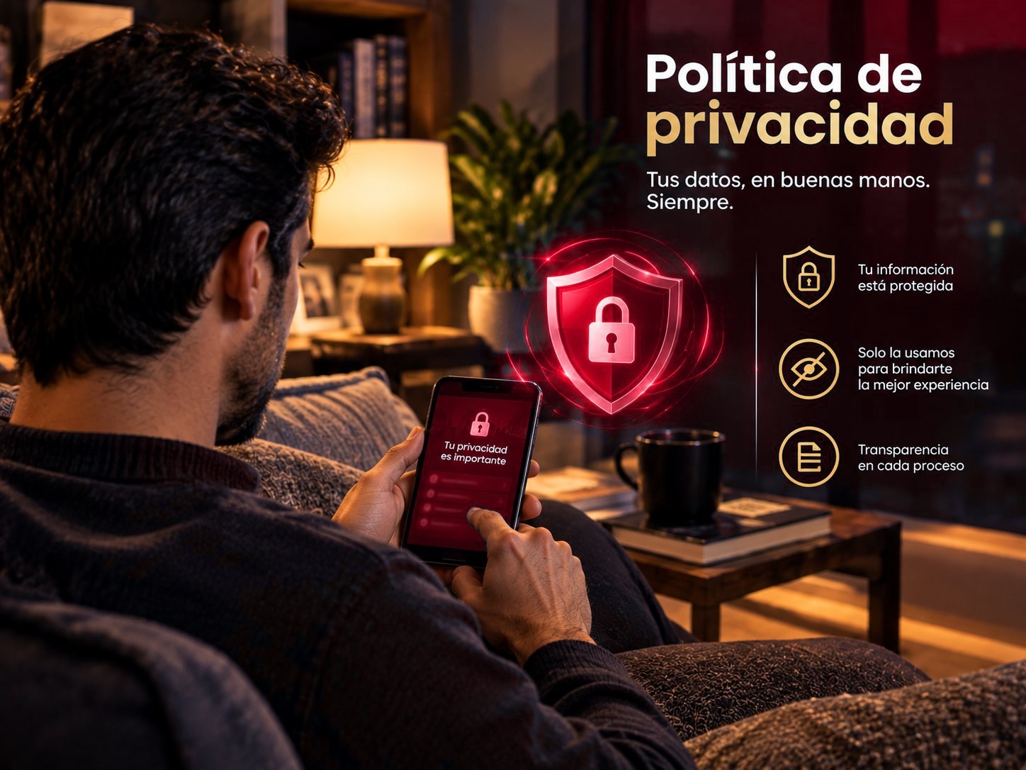 Hombre revisando su celular junto a un candado de seguridad, con el mensaje Política de privacidad: tus datos, en buenas manos, siempre
