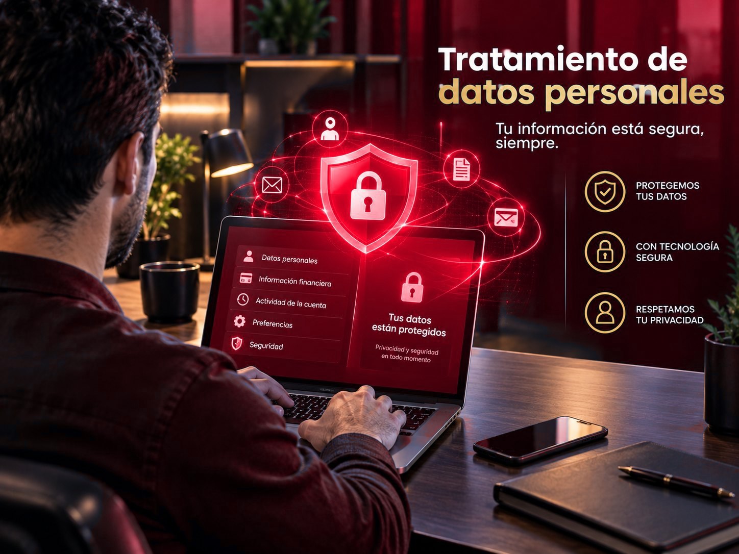 Hombre usando su portátil rodeado de íconos de seguridad, con el mensaje Tratamiento de datos personales: tu información está segura, siempre