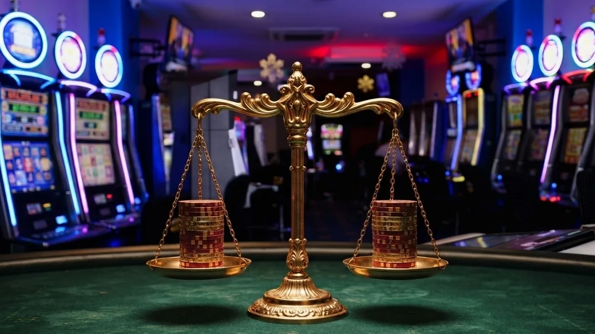 Balanza dorada en equilibrio con pilas iguales de fichas sobre una mesa de juego
