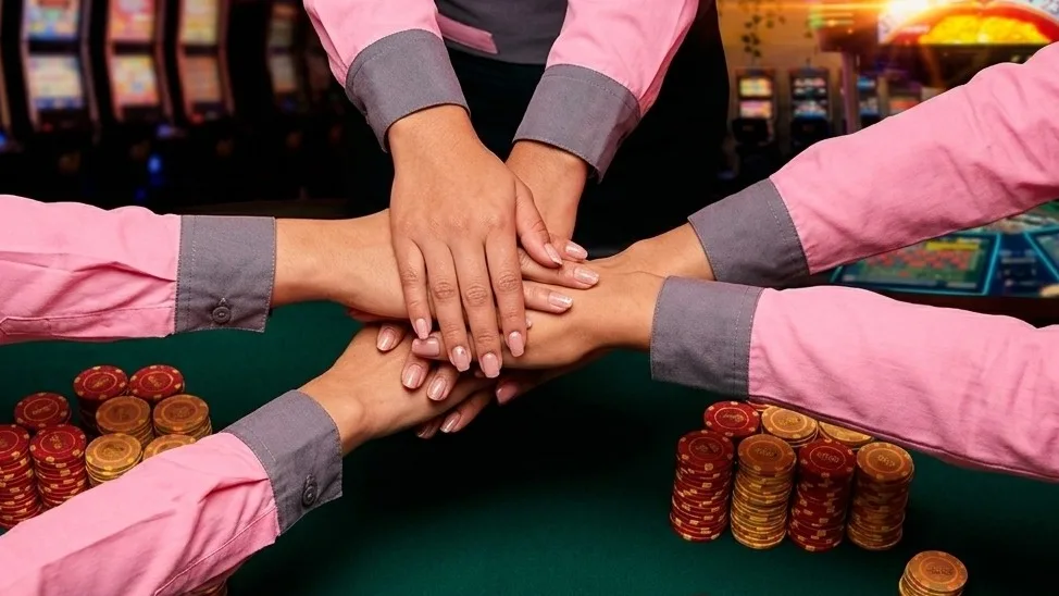 Manos de las asesoras del casino unidas sobre una mesa de juego