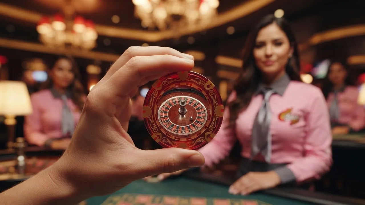 Ficha de casino translúcida a través de la cual se ve una ruleta